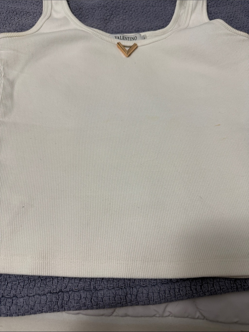 Valentino White Ribbed Tank with Gold V Hardware